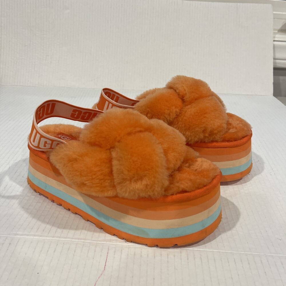 UGG Women Sz 6 Disco Knot Slide Platform Genuine Shearling Slip On Sandal Orange